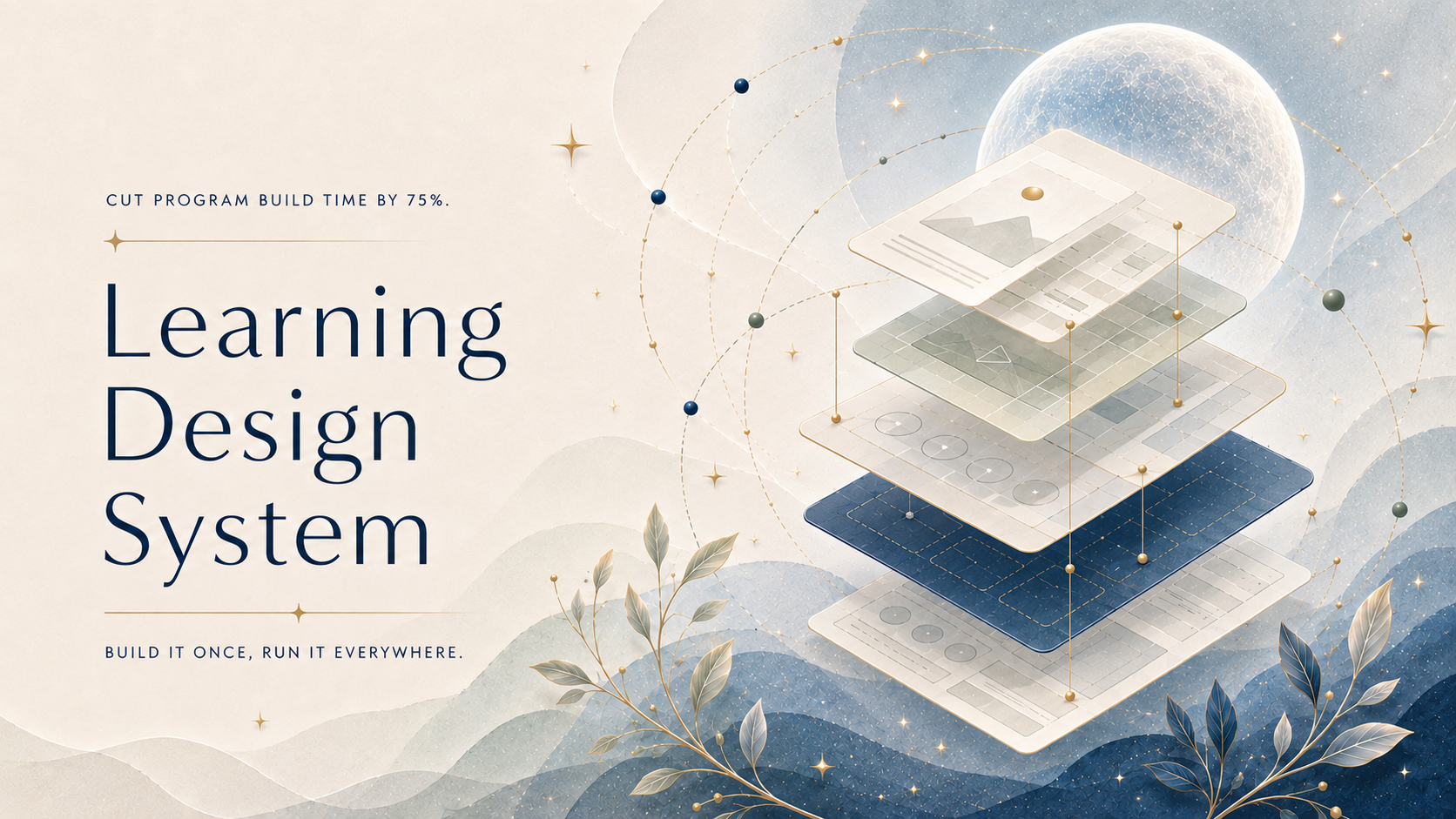 Abstract illustration of stacked, layered learning components orbiting a moon