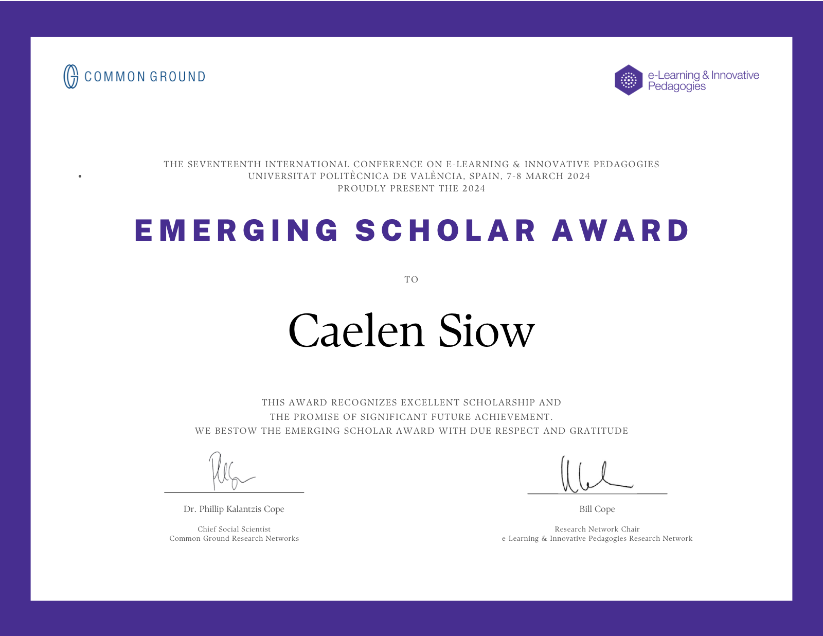 Emerging Scholar Award 2024 certificate from the 17th International Conference on e-Learning & Innovative Pedagogies in Valencia, Spain, awarded to Caelen Siow.